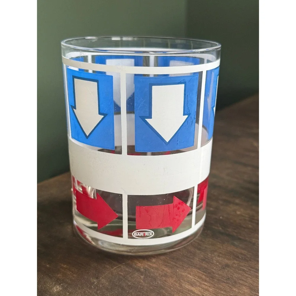 Vintage Bar-Trix Arrow Rocks Glasses Set of 4 Red Blue MCM Lowball Tumblers
